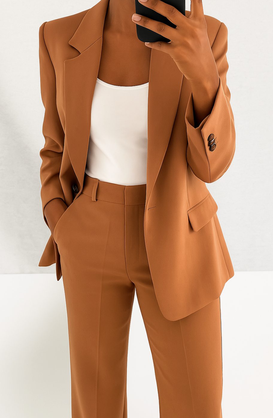 Women's Tailored Blazer Pants Suit Set Single-Button - Brown
