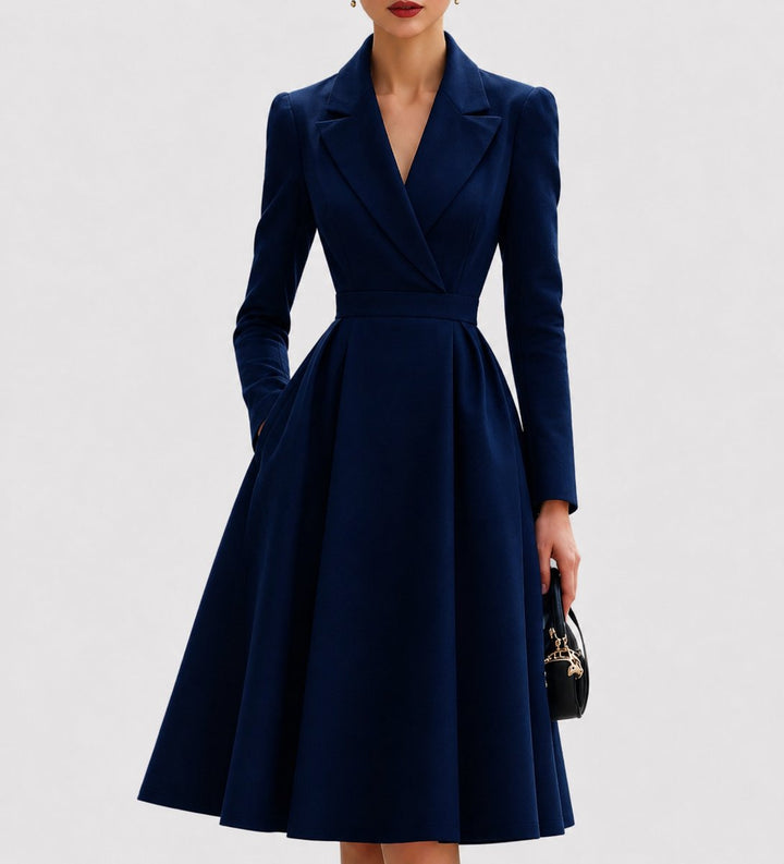 Women's Tailored Coat Formal Dresses Long Sleeve A-Line Midi - Navy Blue