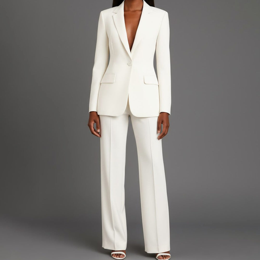 Women's Tailored Single-Button Blazer Pants Suit Set - White