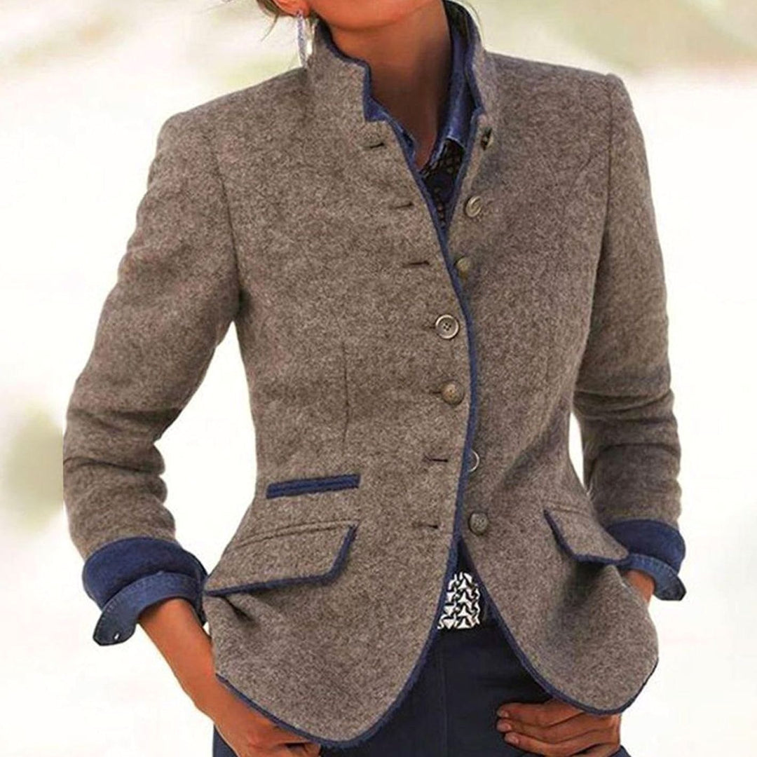 Women's Tailored Stand-Collar Contrast-Trim Wool-Blend Vest Blazer - Brown