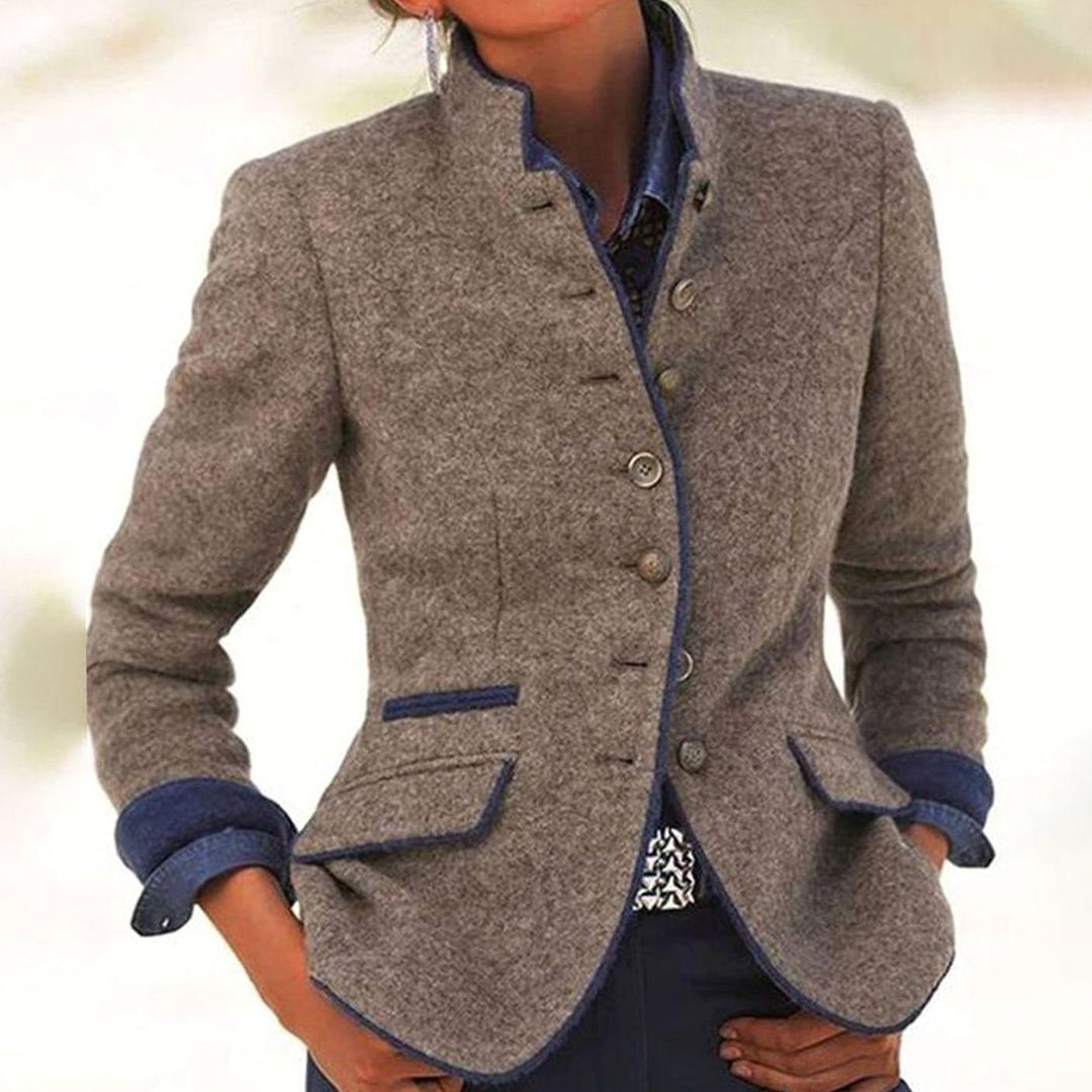 Women's Tailored Stand-Collar Contrast-Trim Wool-Blend Vest Blazer - Brown