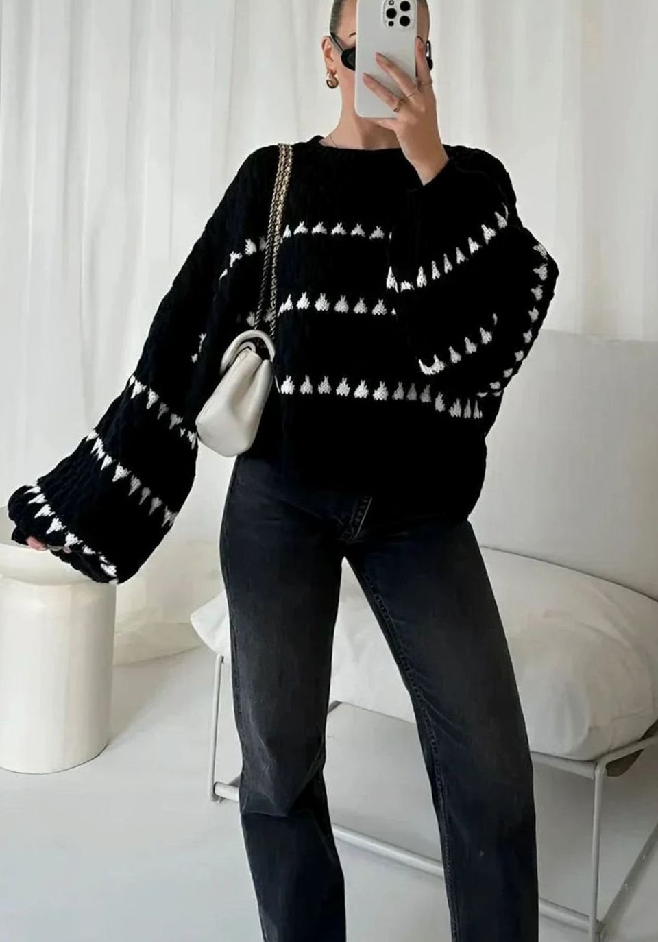Women's Textured Knit Crewneck Sweater Geometric Striped