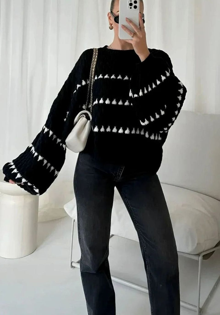 Women's Textured Knit Crewneck Sweater Geometric Striped