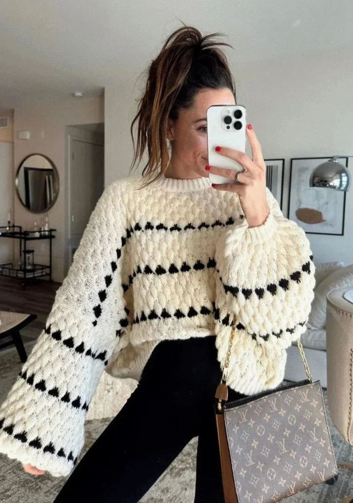 Women's Textured Knit Crewneck Sweater Geometric Striped - White