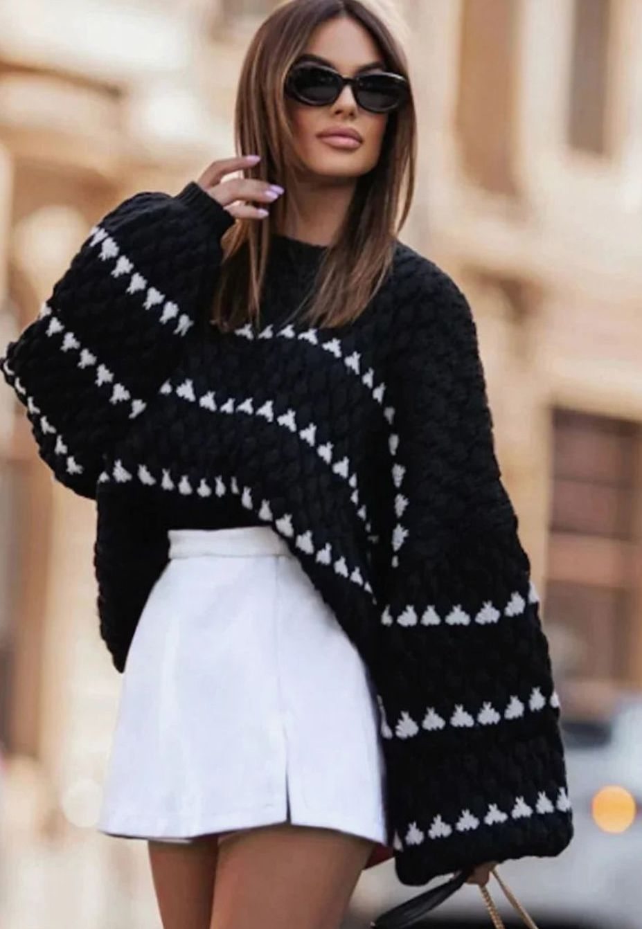 Women's Textured Knit Crewneck Sweater Geometric Striped - Black