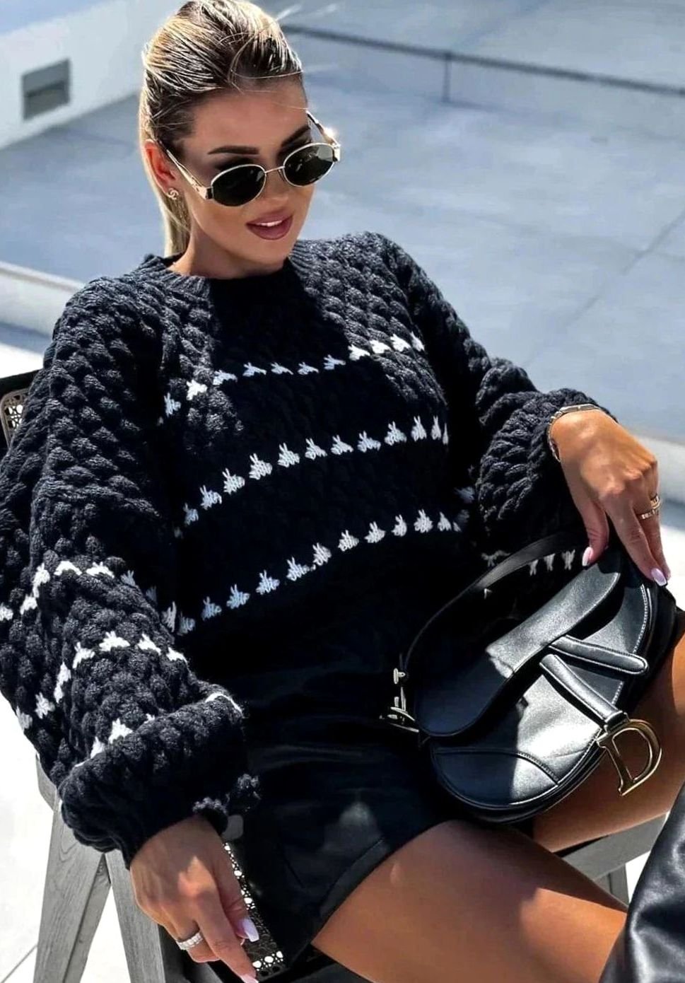 Women's Textured Knit Crewneck Sweater Geometric Striped