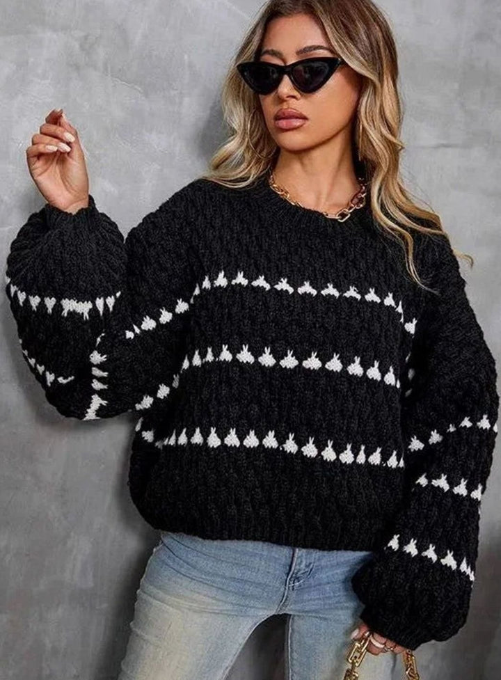 Women's Textured Knit Crewneck Sweater Geometric Striped