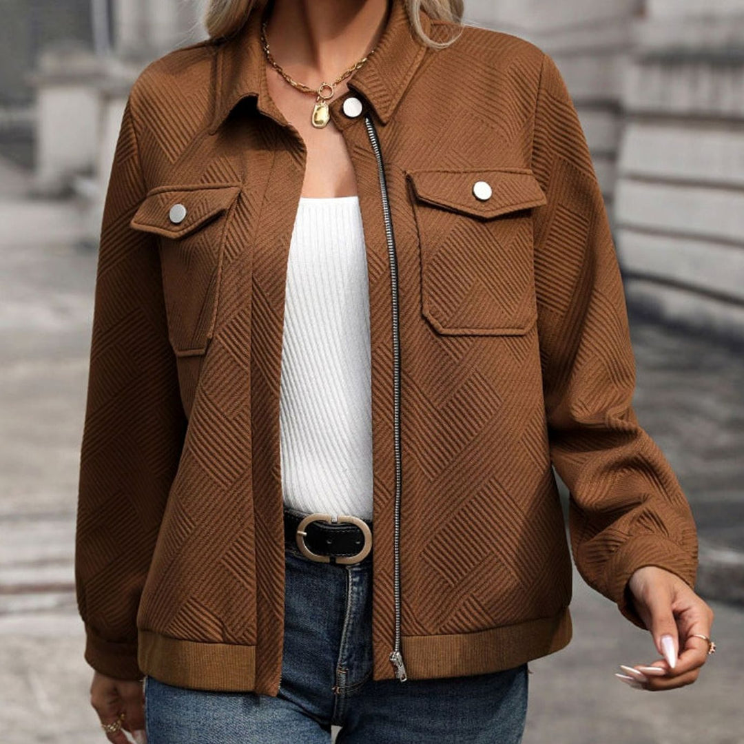 Women's Textured Zip-Up Long-Sleeve Bomber Jacket Chest Pockets