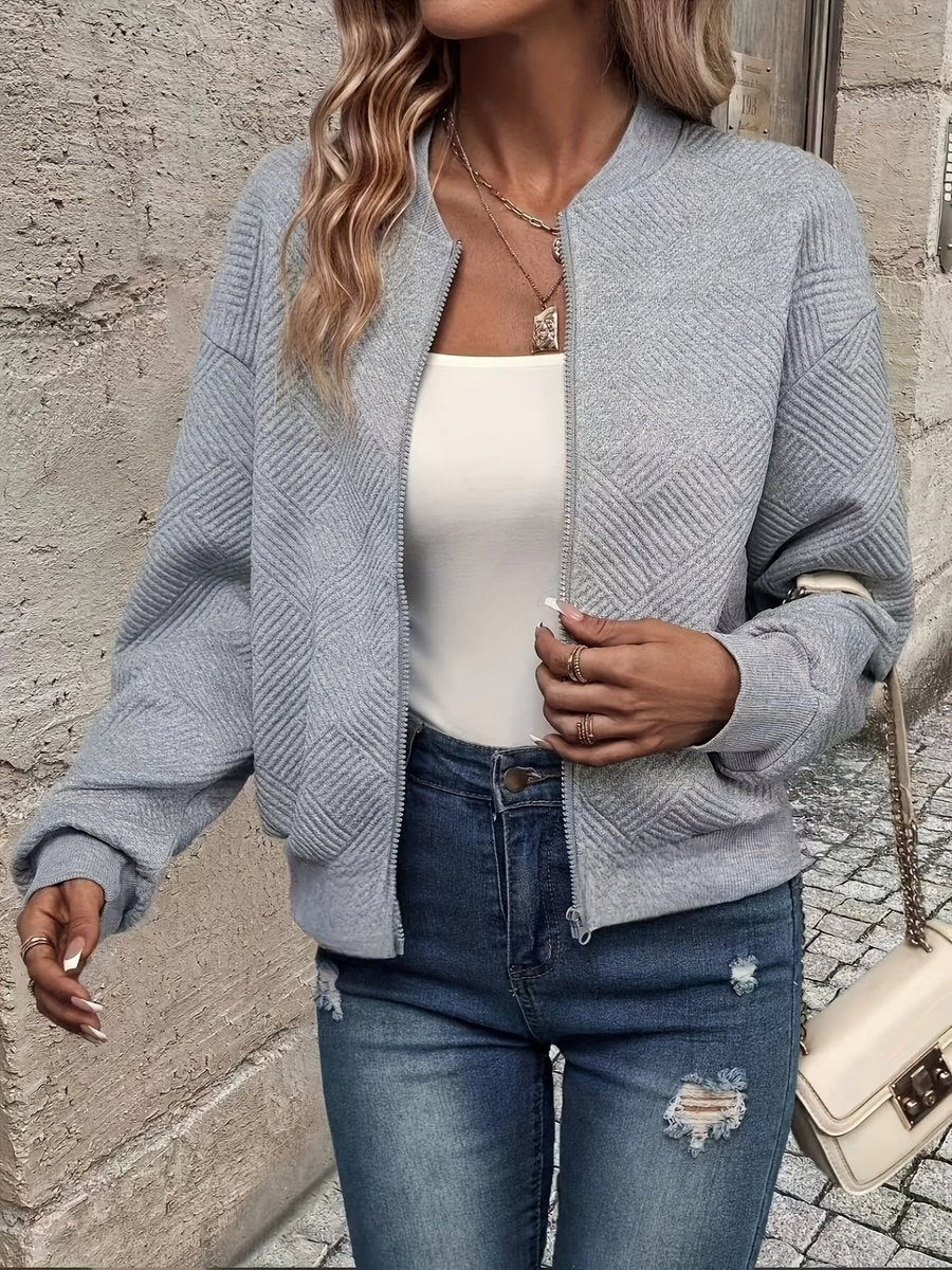 Women's Textured Zip-Up Quilted Jacket Cropped Bomber - Grey