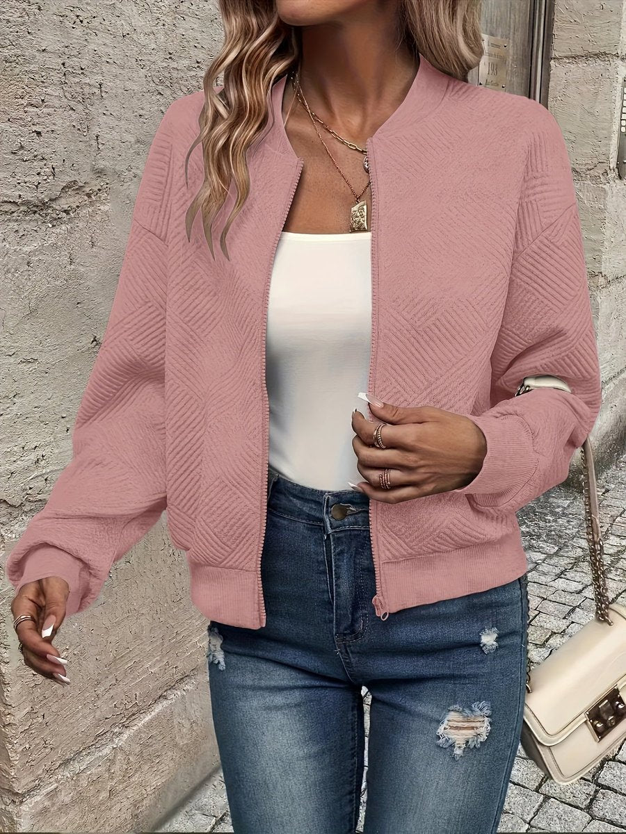 Women's Textured Zip-Up Quilted Jacket Cropped Bomber - Pink