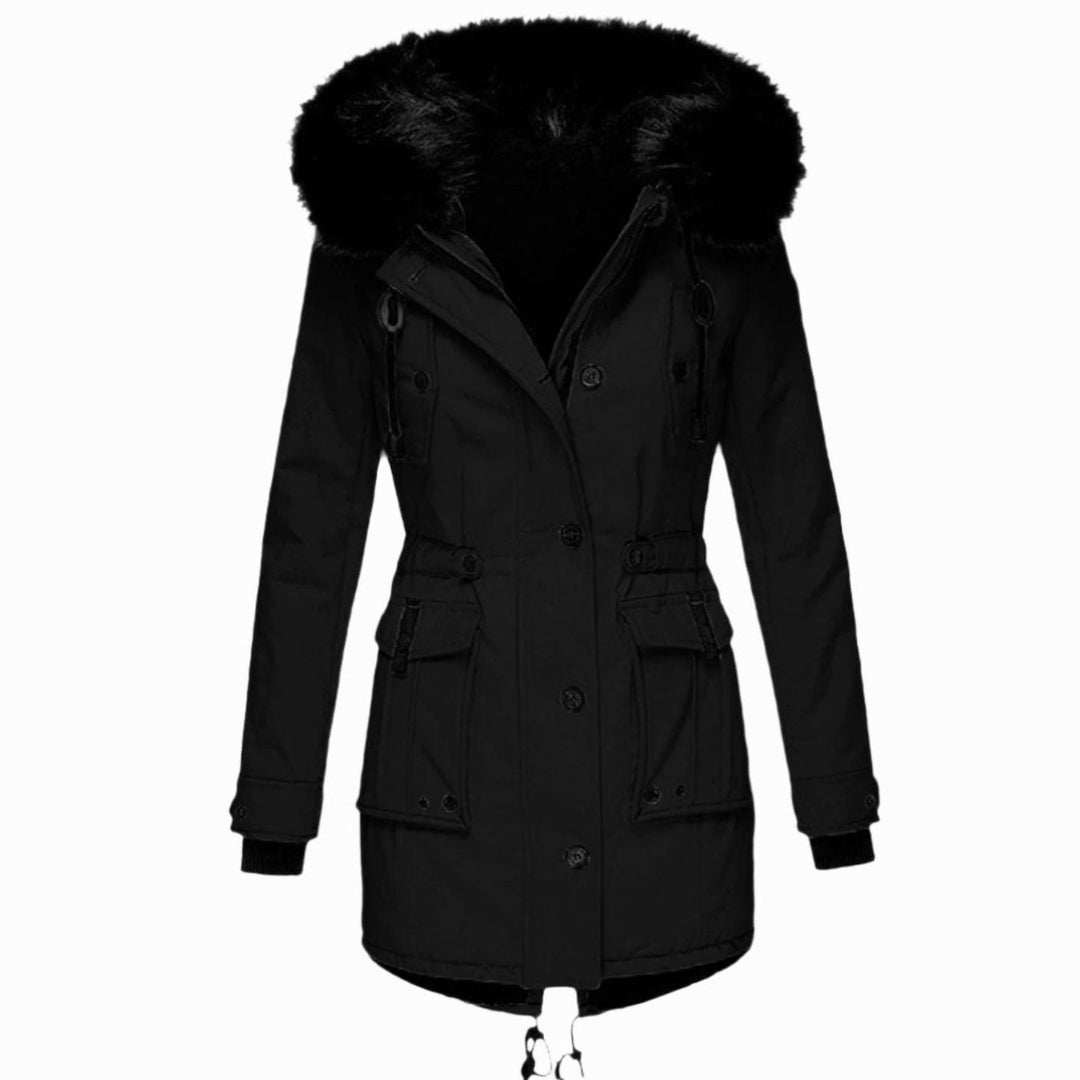 Women's Thick Faux-Fur-Hood Drawstring-Waist Parka Coat - Black