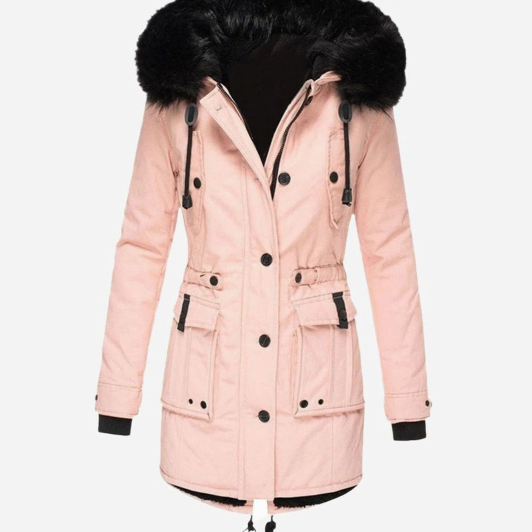 Women's Thick Faux-Fur-Hood Drawstring-Waist Parka Coat - Pink