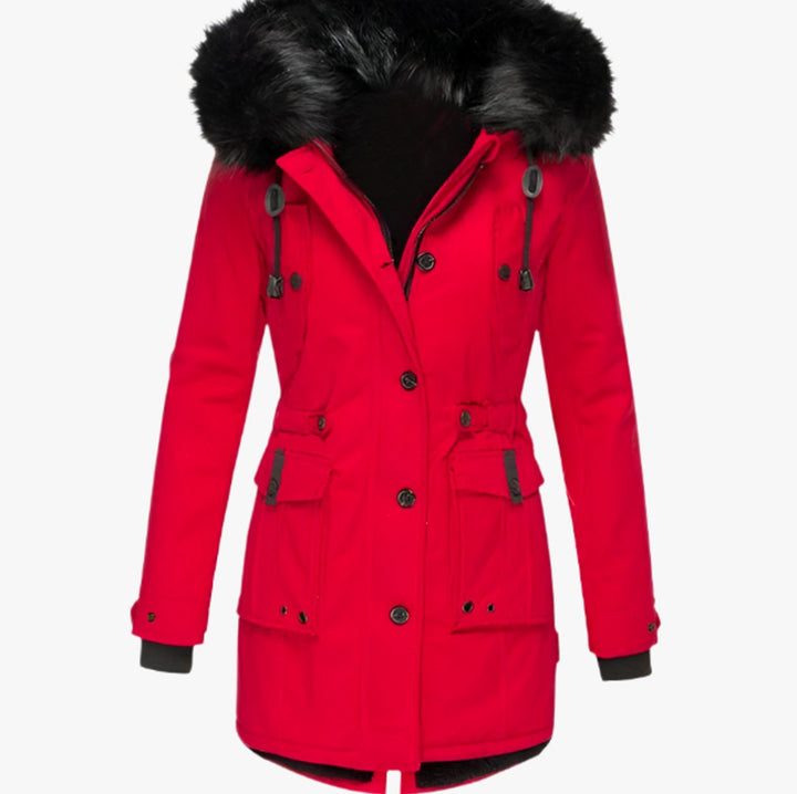 Women's Thick Faux-Fur-Hood Drawstring-Waist Parka Coat - Red