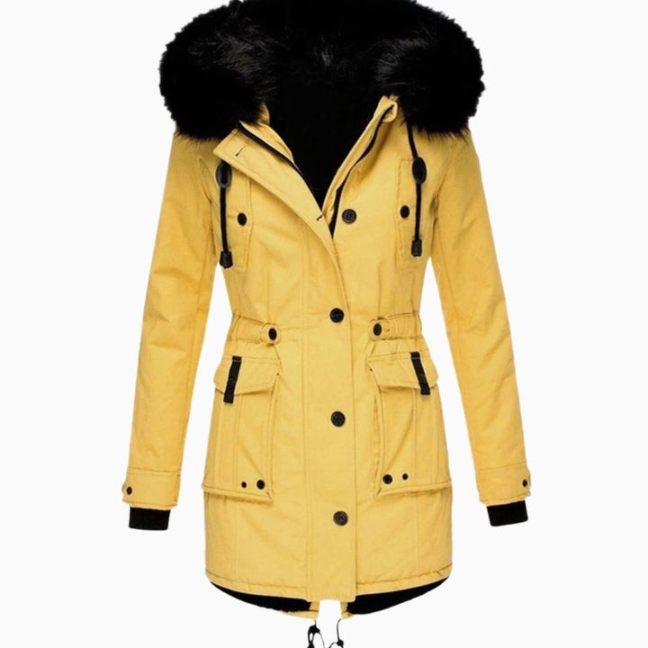 Women's Thick Faux-Fur-Hood Drawstring-Waist Parka Coat - Yellow