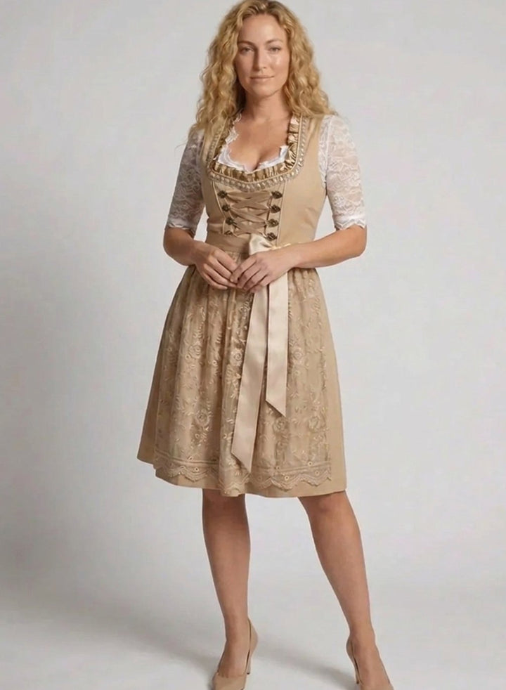 Women's Traditional Lace-Up Dirndl Knee-Length Dress - Beige