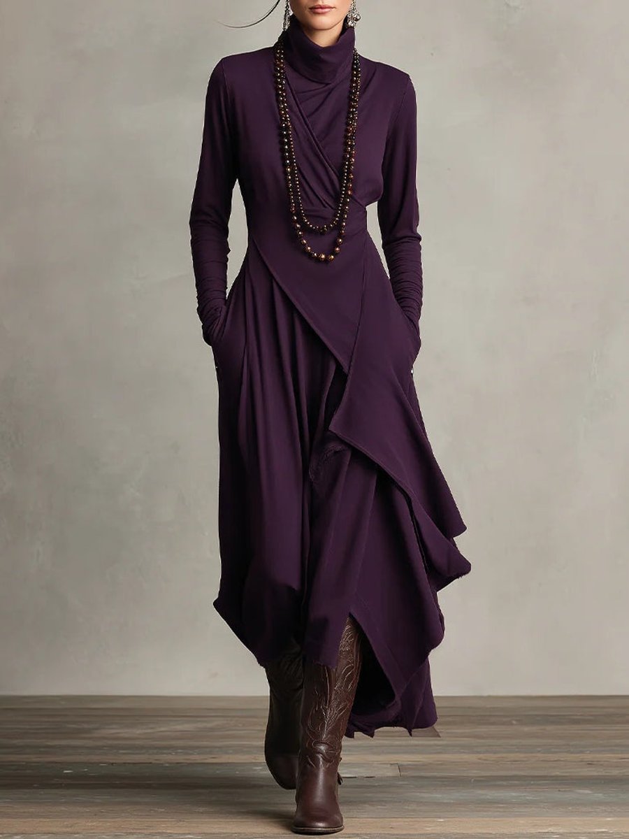 Women's Turtleneck Asymmetric Hem Maxi Long Sleeve Dress - Purple