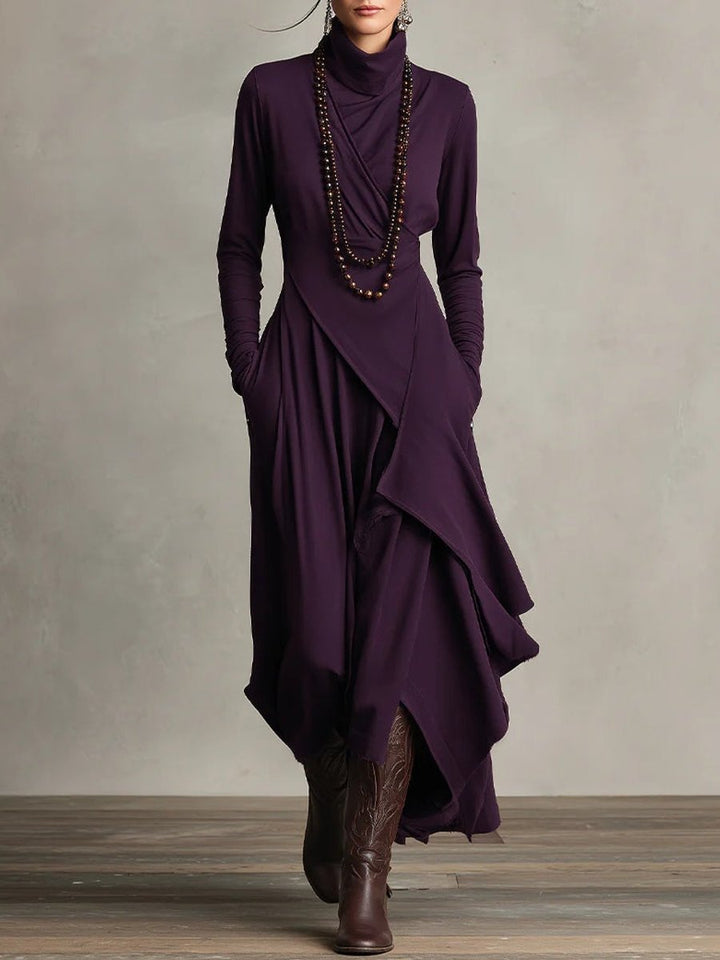 Women's Turtleneck Asymmetric Hem Maxi Long Sleeve Dress - Purple