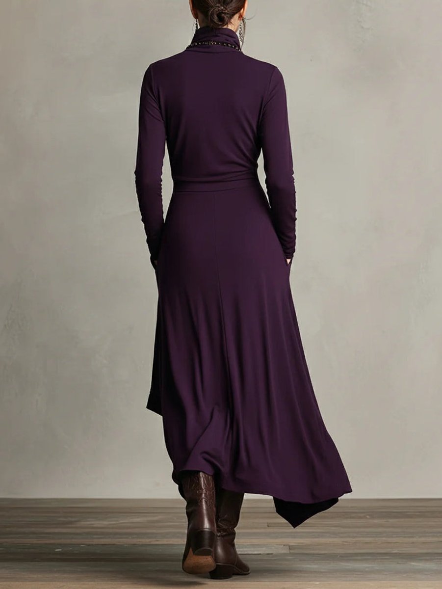 Women's Turtleneck Asymmetric Hem Maxi Long Sleeve Dress
