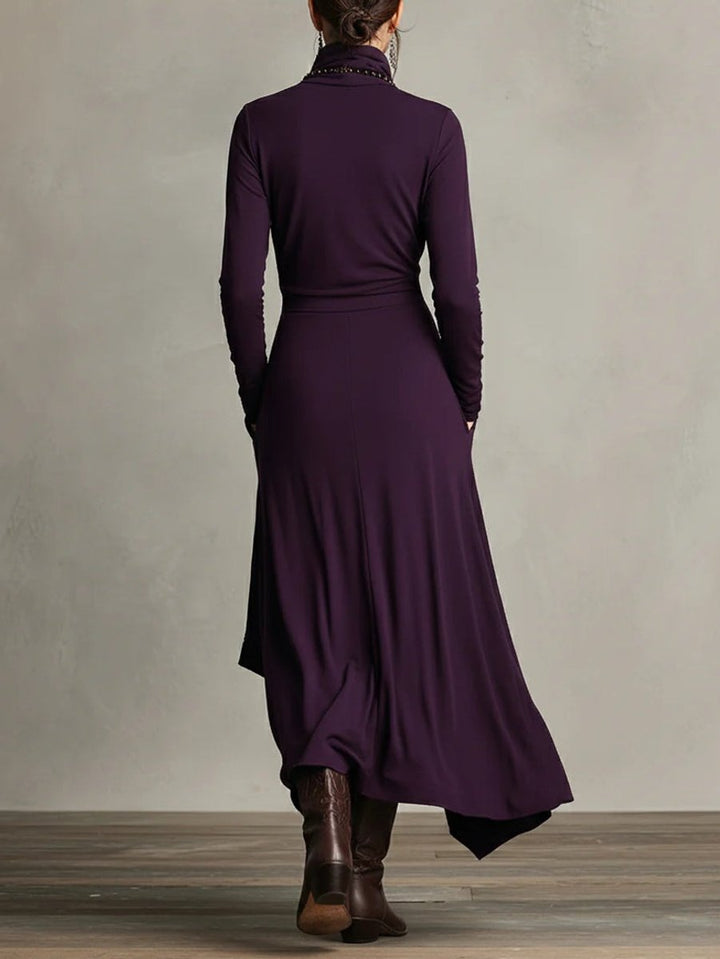 Women's Turtleneck Asymmetric Hem Maxi Long Sleeve Dress