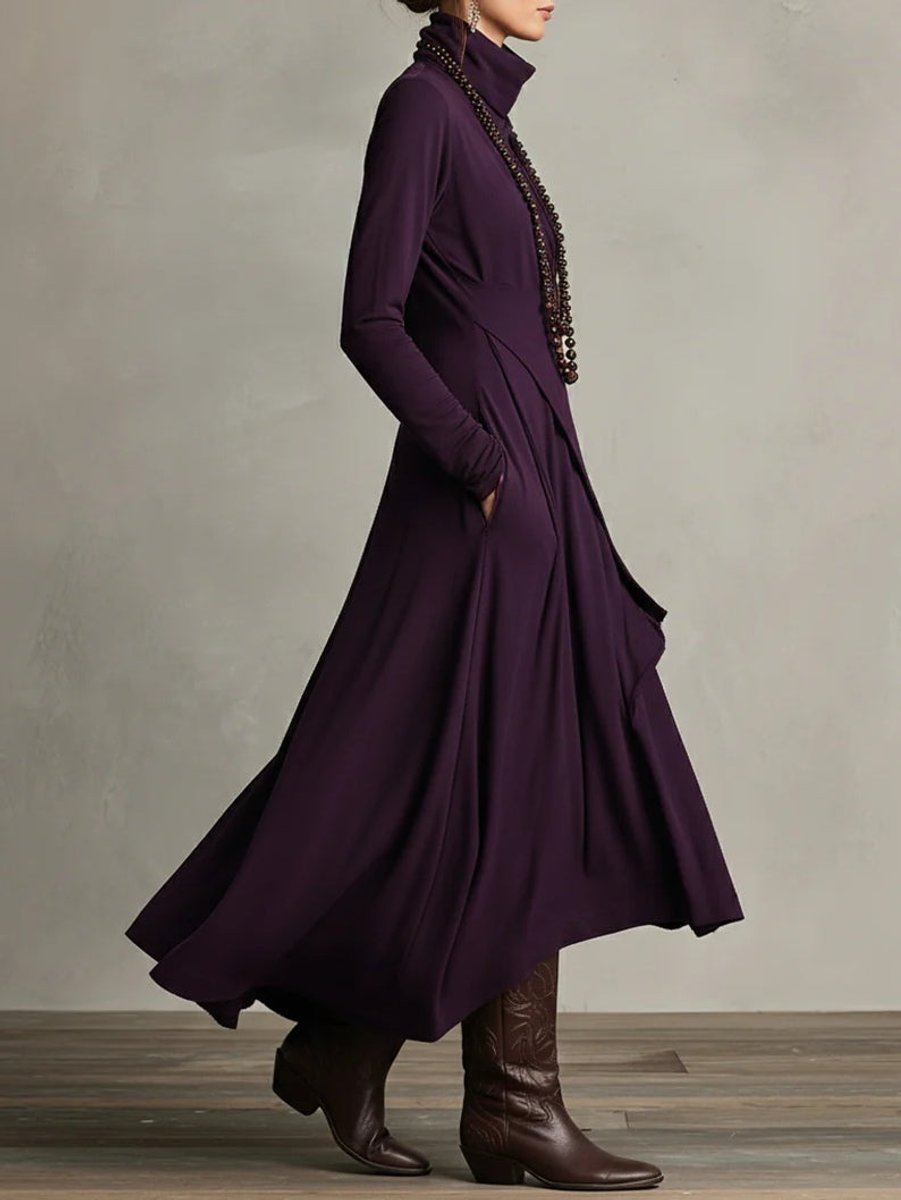 Women's Turtleneck Asymmetric Hem Maxi Long Sleeve Dress