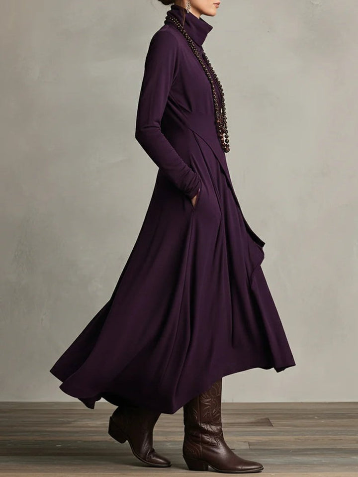 Women's Turtleneck Asymmetric Hem Maxi Long Sleeve Dress