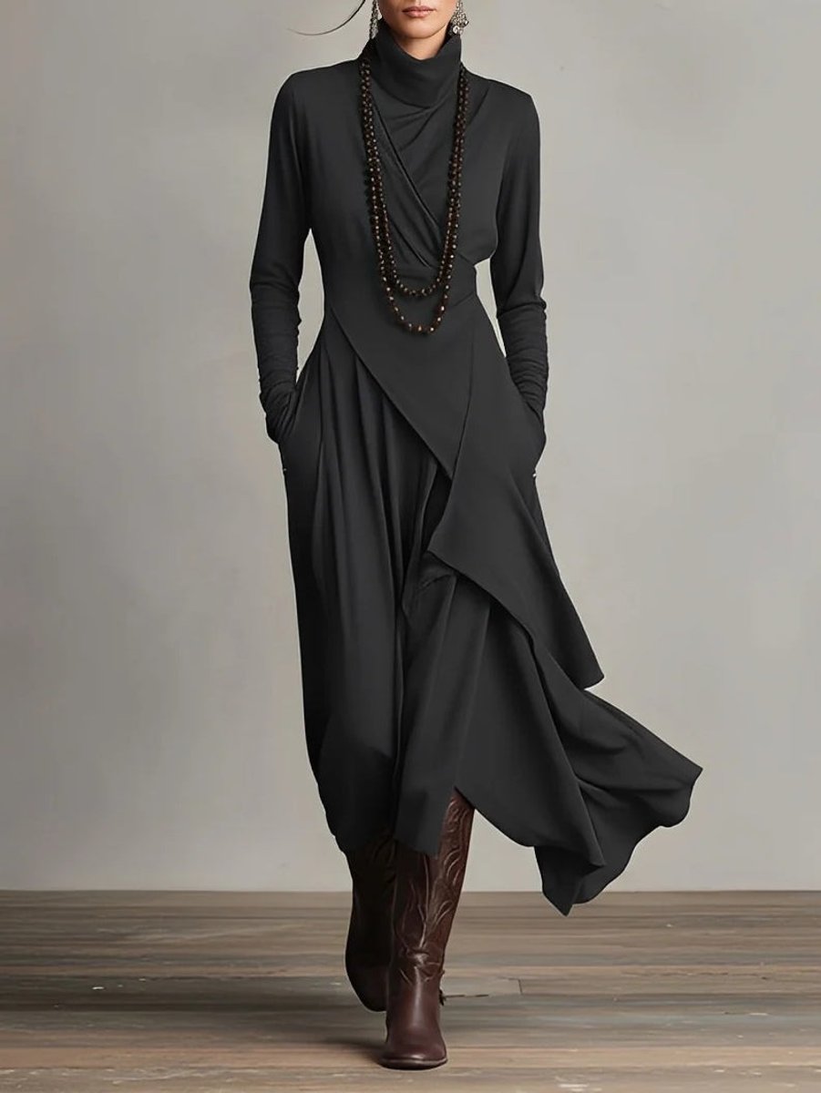 Women's Turtleneck Asymmetric Hem Maxi Long Sleeve Dress - Black