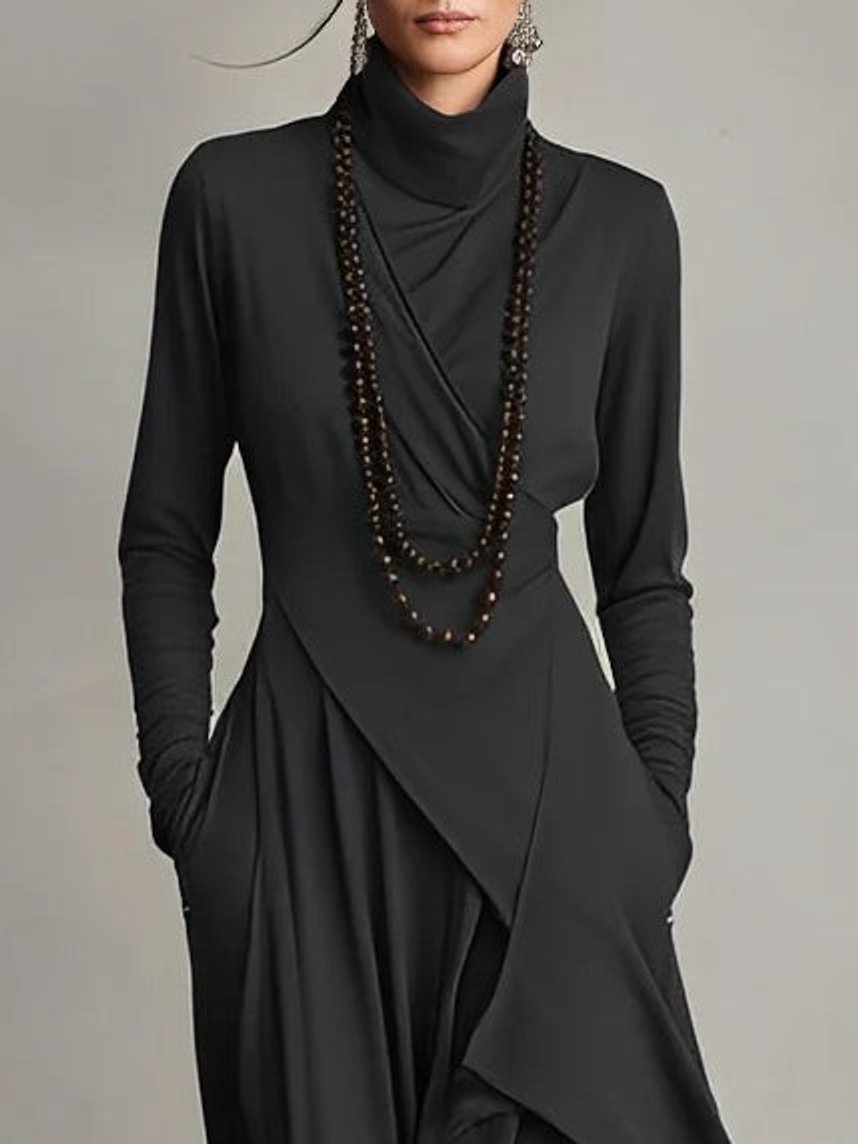 Women's Turtleneck Asymmetric Hem Maxi Long Sleeve Dress