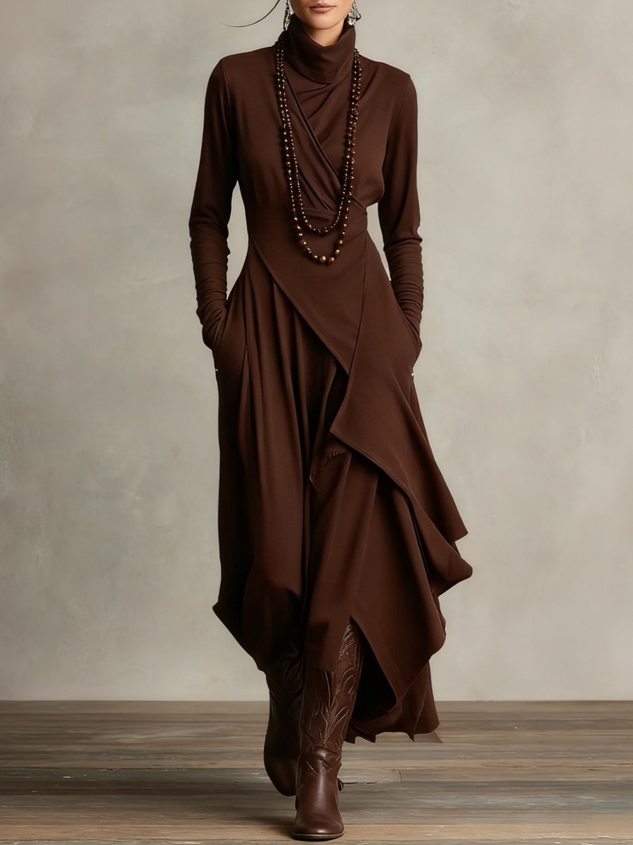 Women's Turtleneck Asymmetric Hem Maxi Long Sleeve Dress - Brown