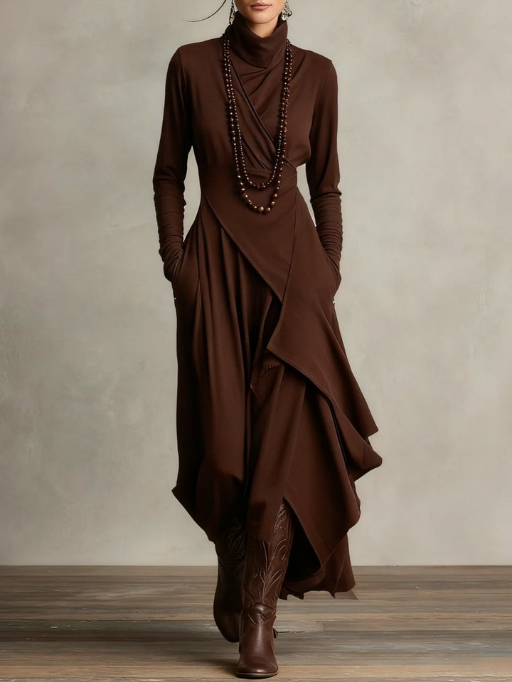 Women's Turtleneck Asymmetric Hem Maxi Long Sleeve Dress - Brown