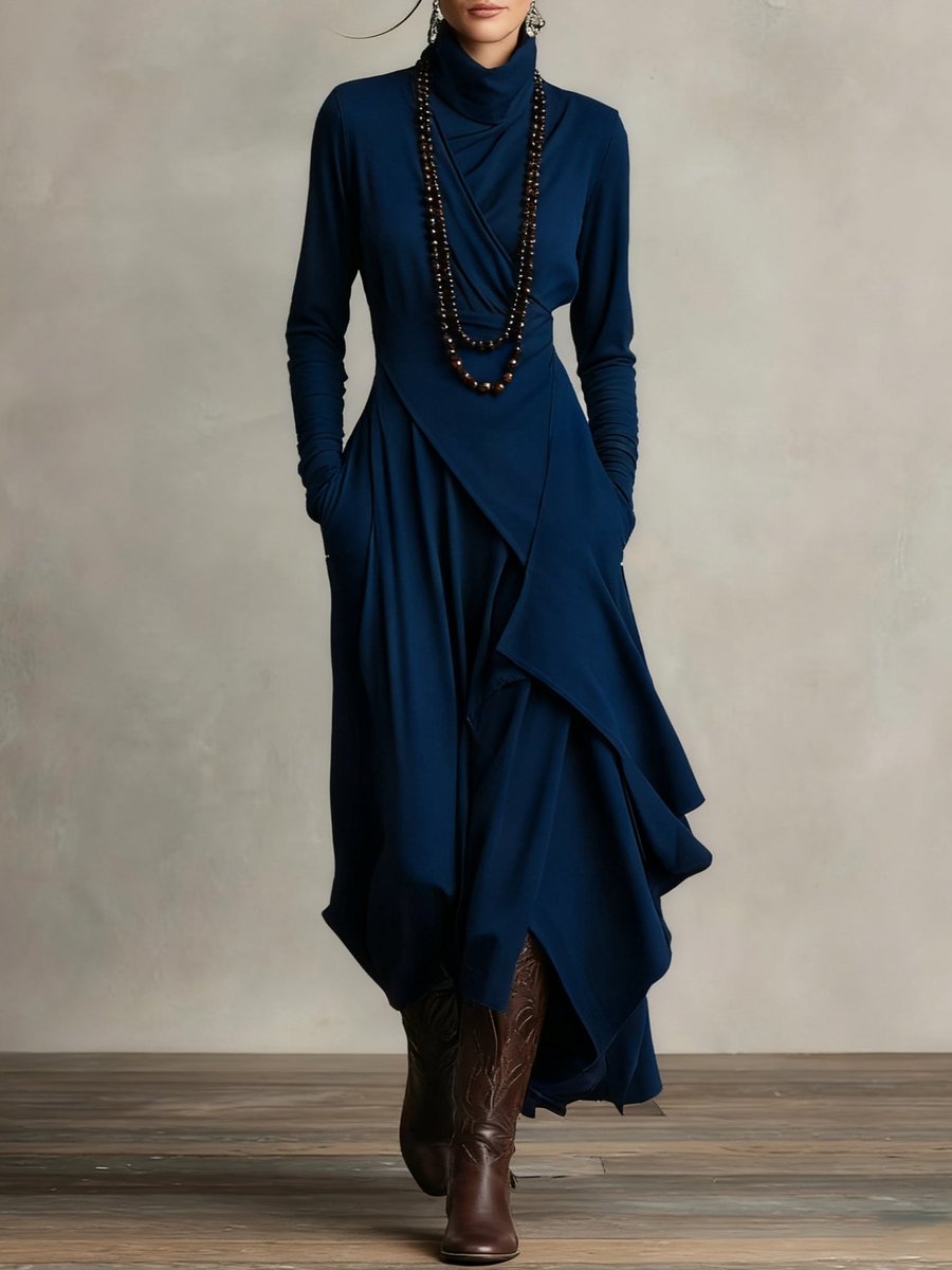 Women's Turtleneck Asymmetric Hem Maxi Long Sleeve Dress - Navy Blue
