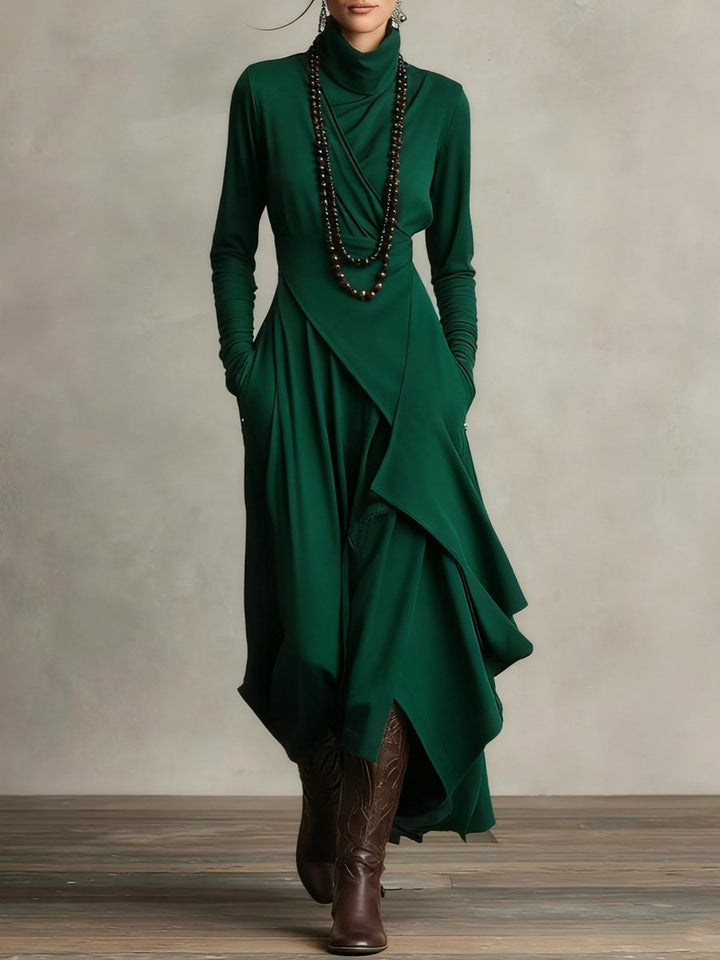 Women's Turtleneck Asymmetric Hem Maxi Long Sleeve Dress - Green