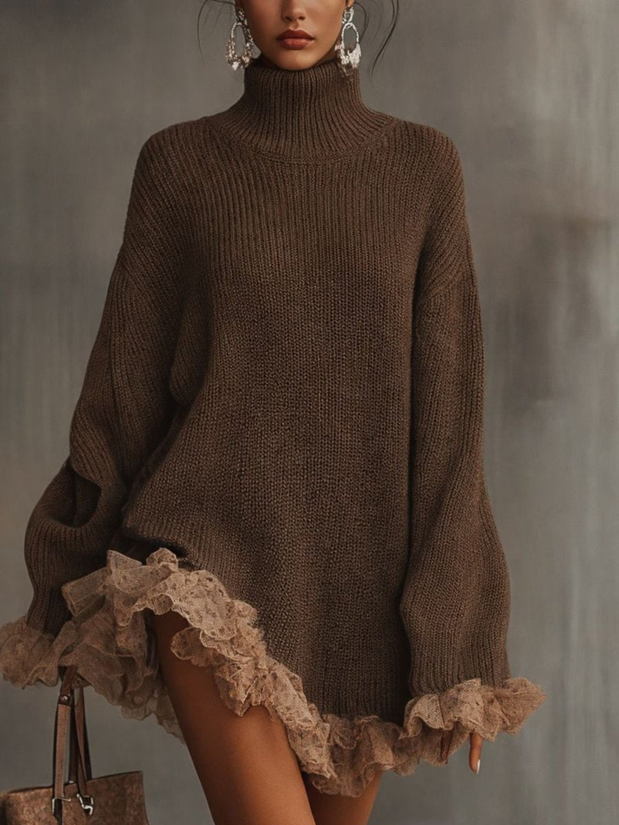 Women's Turtleneck Knit Lace-Hem Formal Dresses Oversized Sweater Mini - Brown