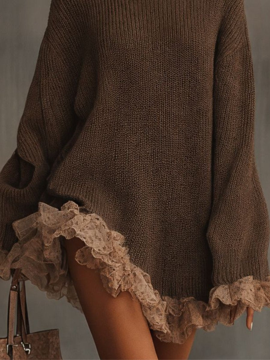 Women's Turtleneck Knit Lace-Hem Formal Dresses Oversized Sweater Mini