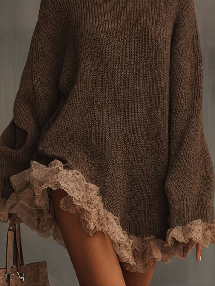 Women's Turtleneck Knit Lace-Hem Formal Dresses Oversized Sweater Mini