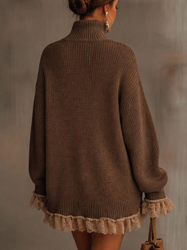 Women's Turtleneck Knit Lace-Hem Formal Dresses Oversized Sweater Mini