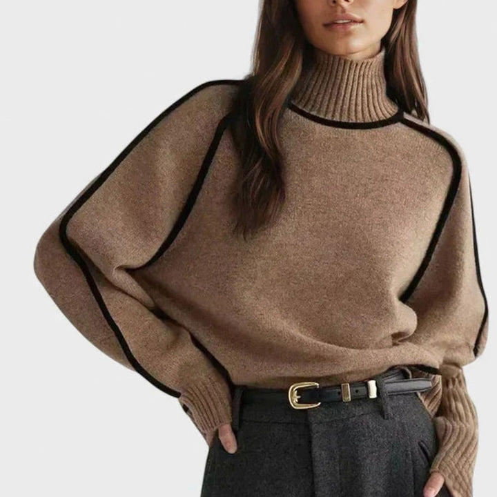 Women's Turtleneck Raglan-Sleeve Contrast-Trim Knit Sweater - Brown