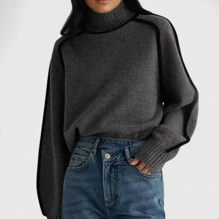 Women's Turtleneck Raglan-Sleeve Contrast-Trim Knit Sweater - Gray