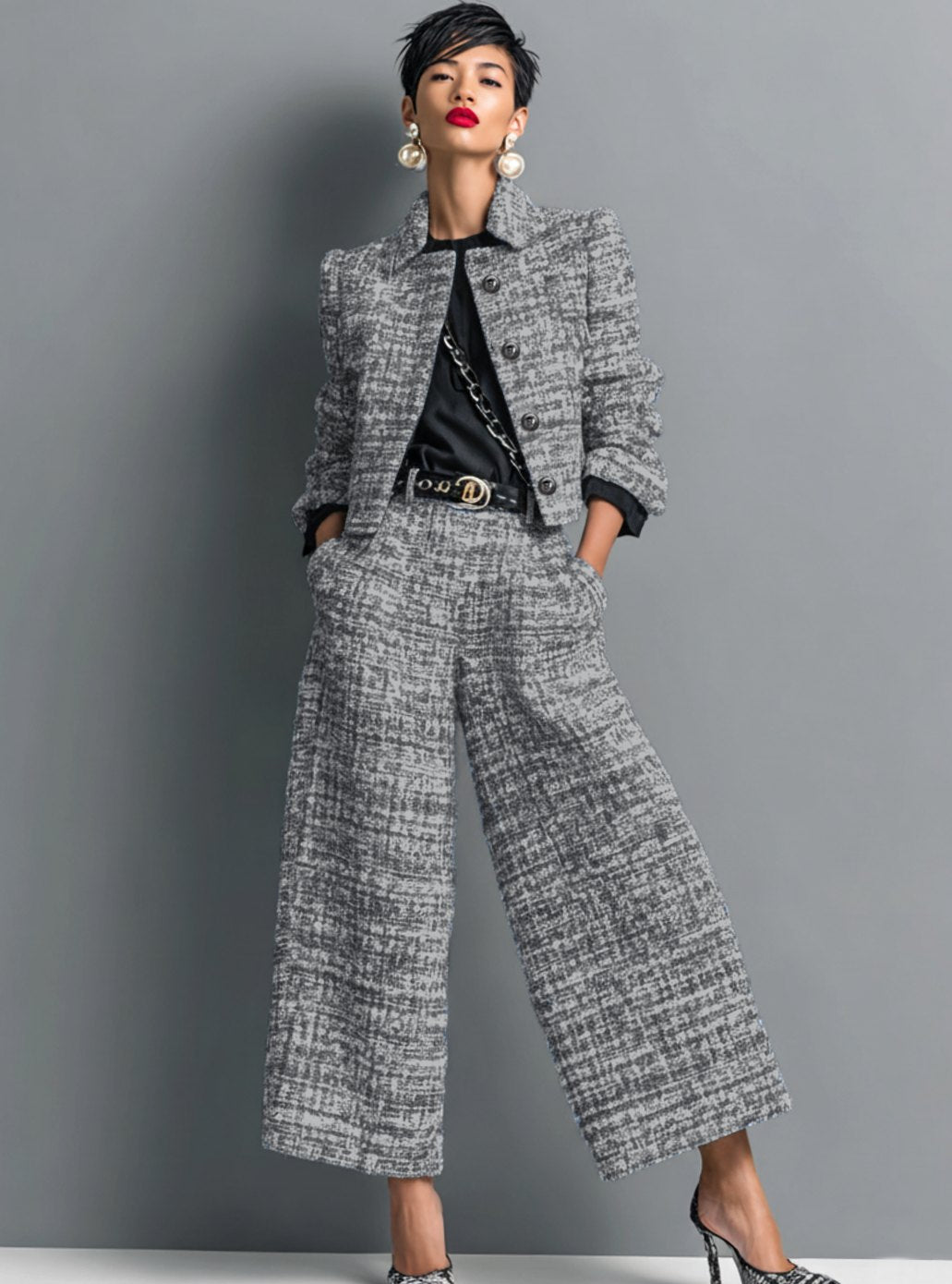 Women's Tweed Wide-Leg Cropped Pants Blazer Two-Piece Set - Black