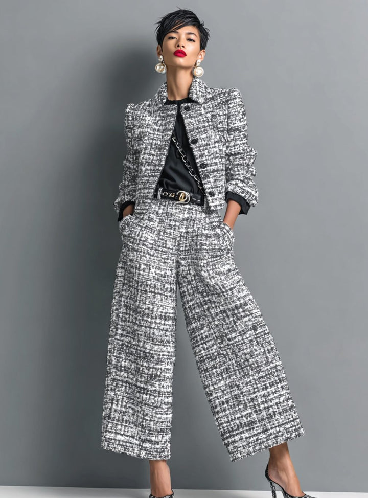 Women's Tweed Wide-Leg Cropped Pants Blazer Two-Piece Set - Grey