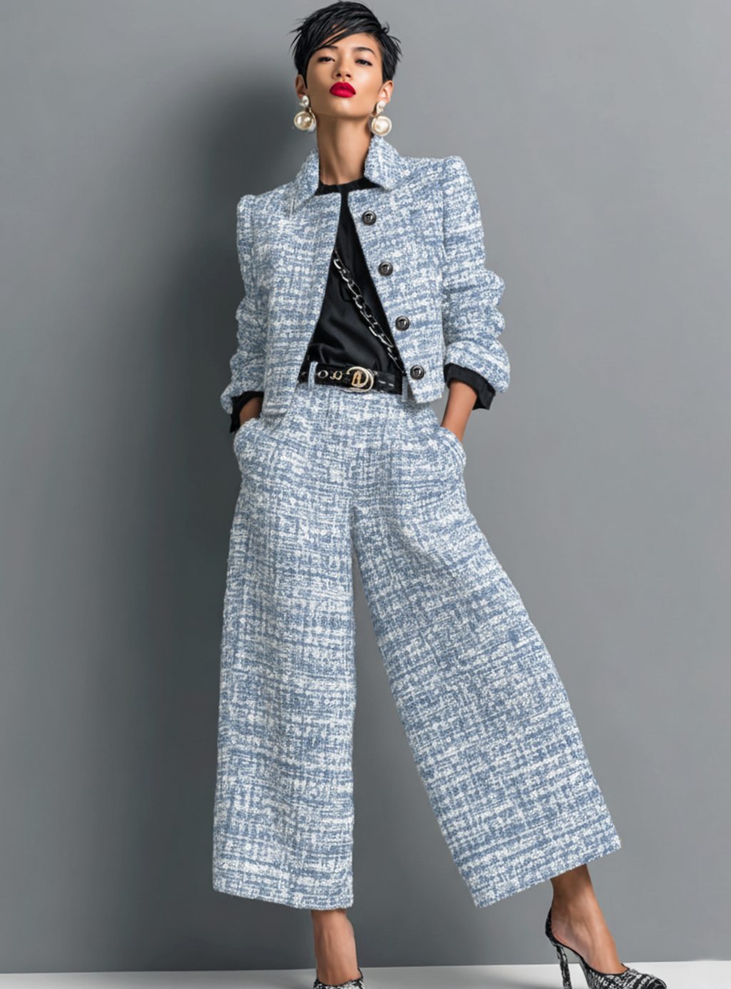 Women's Tweed Wide-Leg Cropped Pants Blazer Two-Piece Set - Blue