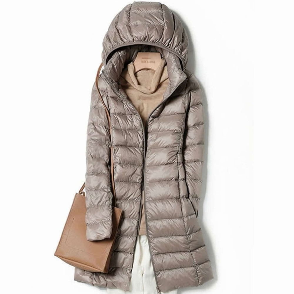 Women's Ultralight Hooded Puffer Down Jacket Long Fit - Champagne