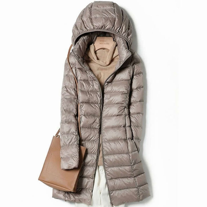 Women's Ultralight Hooded Puffer Down Jacket Long Fit - Champagne