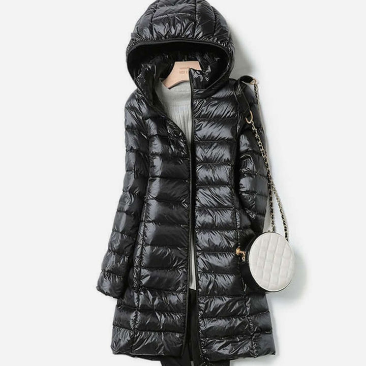Women's Ultralight Hooded Puffer Down Jacket Long Fit - Black