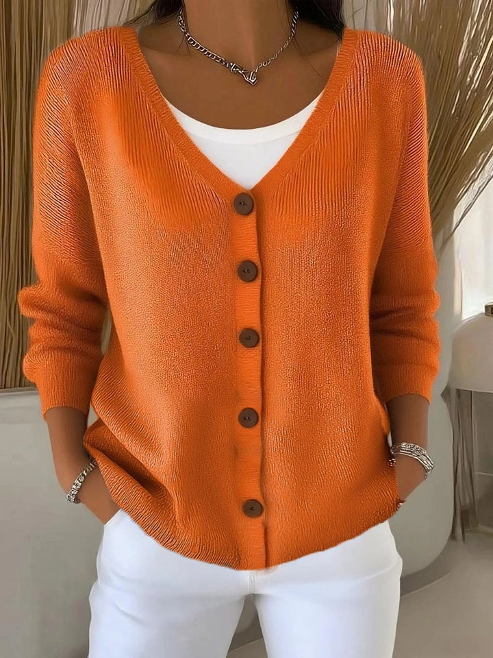 Women's V-Neck Button-Front Long Sleeve Knit Sweater - Orange