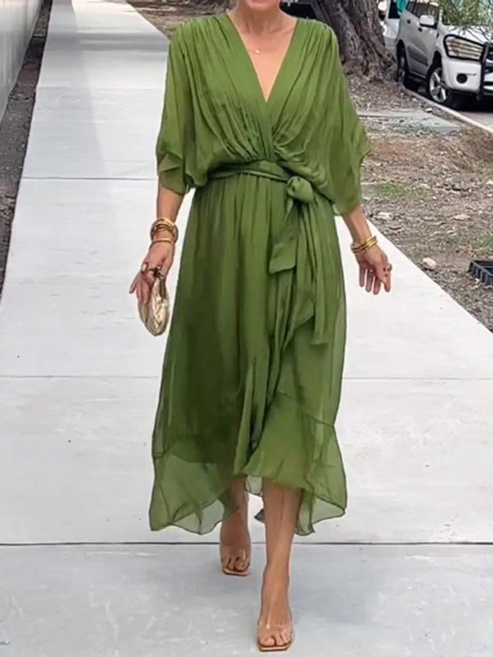 Women's V-Neck Chiffon Belted Midi Cocktail Party Dress - Green