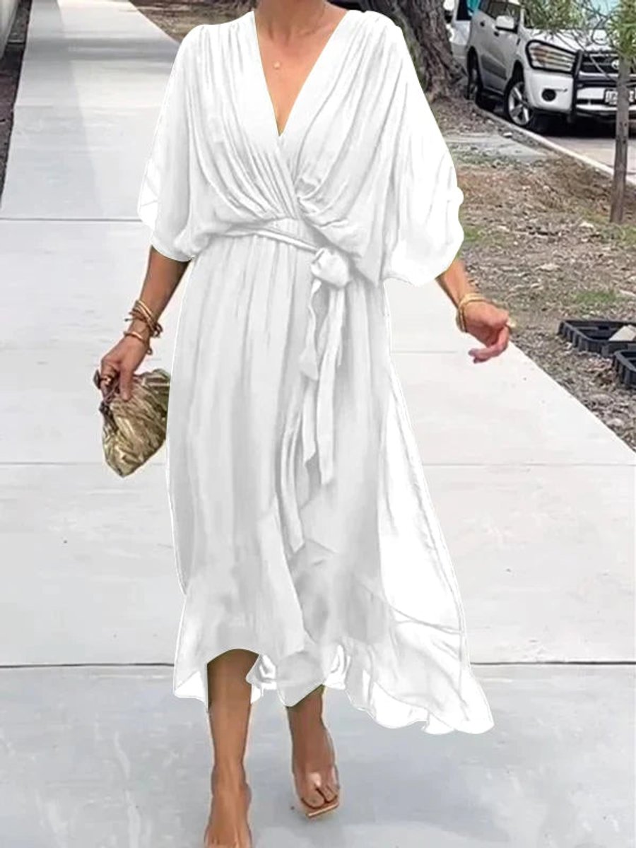 Women's V-Neck Chiffon Belted Midi Cocktail Party Dress - White