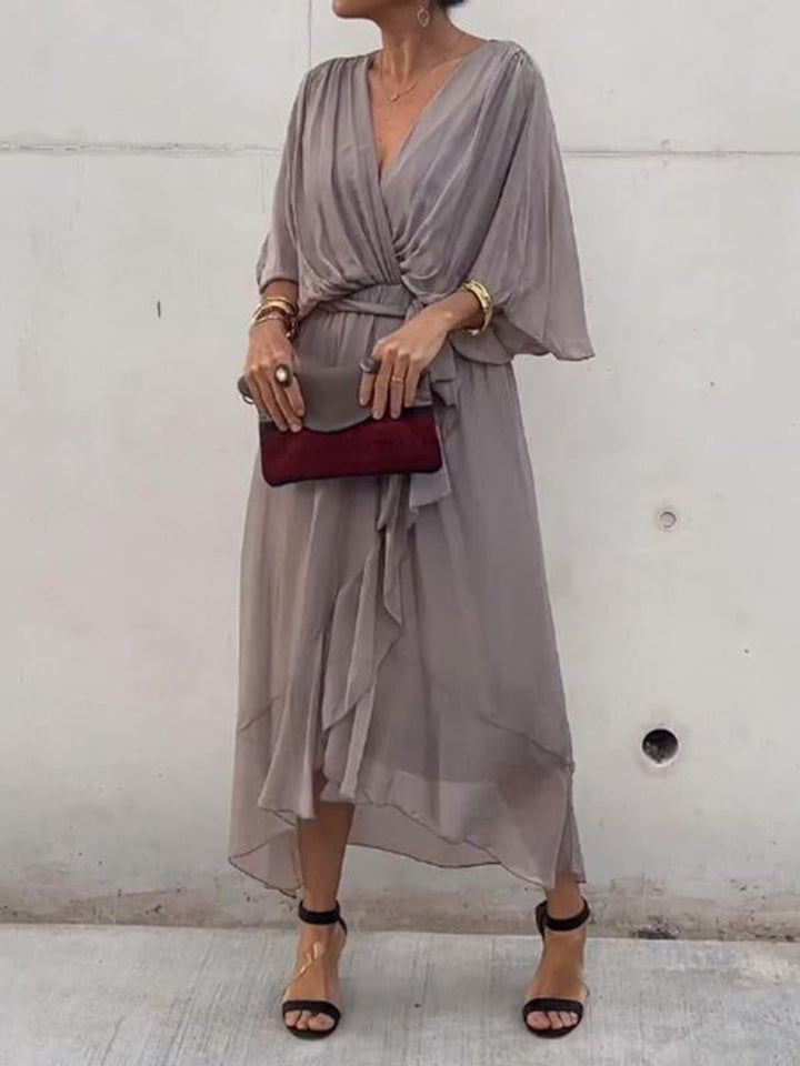 Women's V-Neck Chiffon Belted Midi Cocktail Party Dress - Grey
