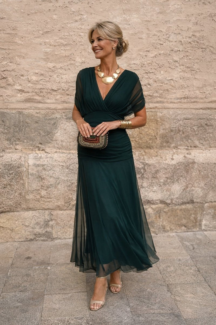 Women's V-Neck Chiffon Maxi Cocktail Party Dress Pleated Waist - Bottle Green