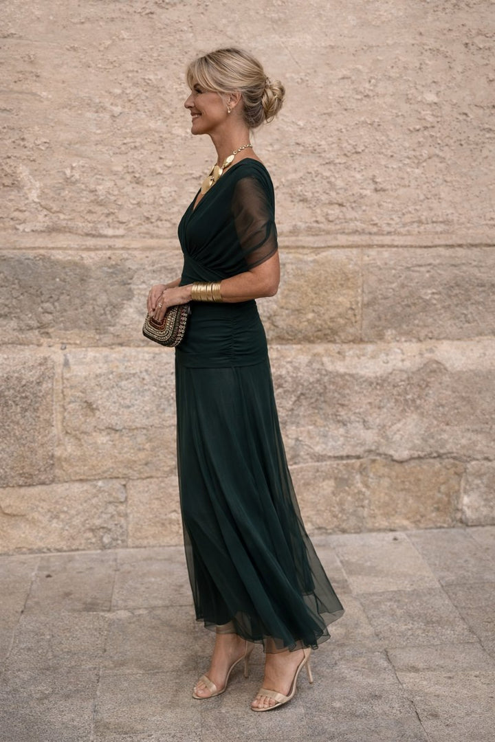 Women's V-Neck Chiffon Maxi Cocktail Party Dress Pleated Waist