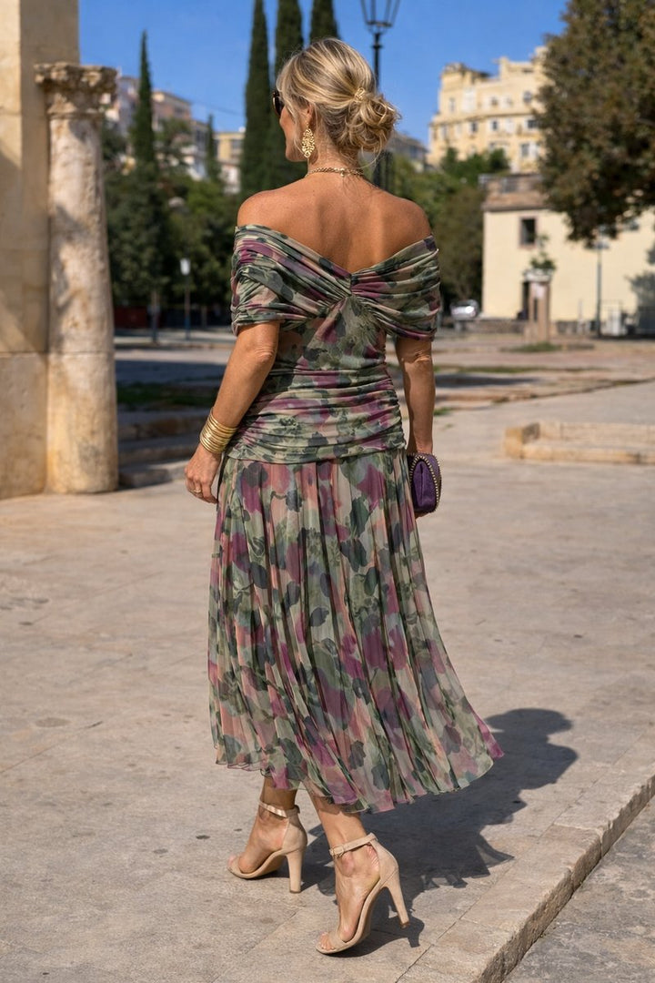 Women's V-Neck Chiffon Maxi Cocktail Party Dress Pleated Waist